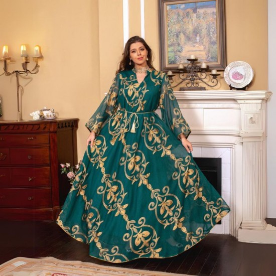 Luxury Sequined Party Dress with Burnt Flower Design - Green |image