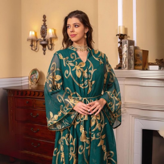 Luxury Sequined Party Dress with Burnt Flower Design - Green |image