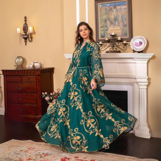 Luxury Sequined Party Dress with Burnt Flower Design - Green |image