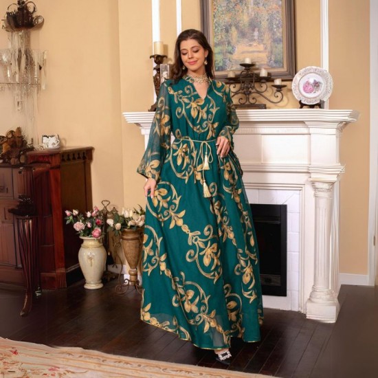 Luxury Sequined Party Dress with Burnt Flower Design - Green |image