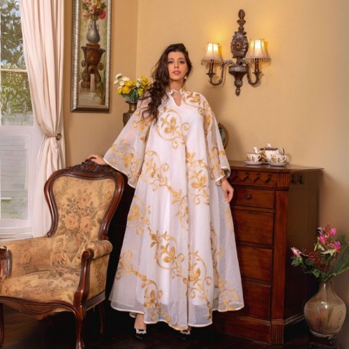 Luxury Sequined Party Dress with Burnt Flower Design - White |image