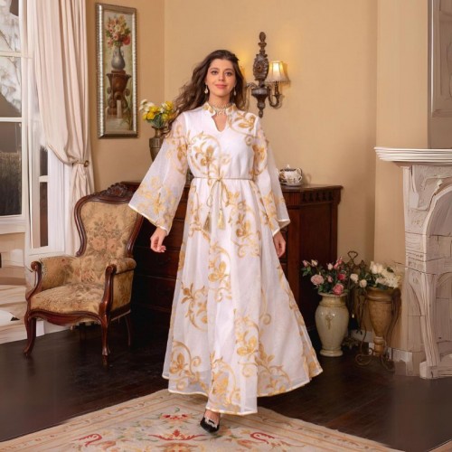 Luxury Sequined Party Dress with Burnt Flower Design - White |image