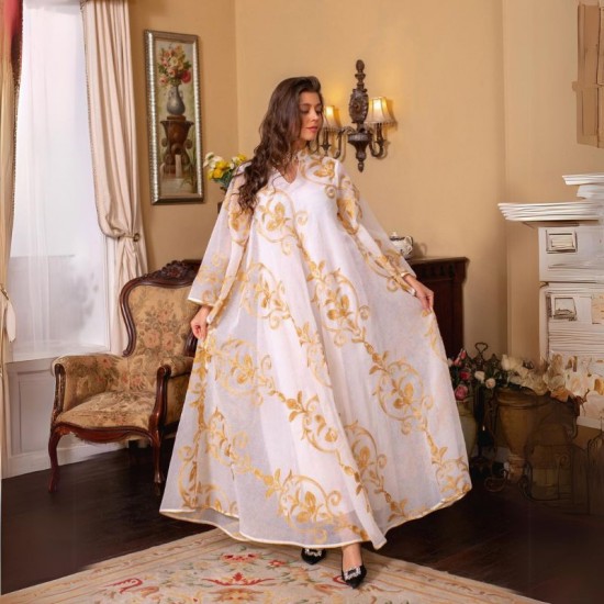 A model wearing a stunning sequin party dress with a burnt flower design, perfect for glamorous events in Dubai. Luxury Sequined Party Dress with Burnt Flower Design - White |image