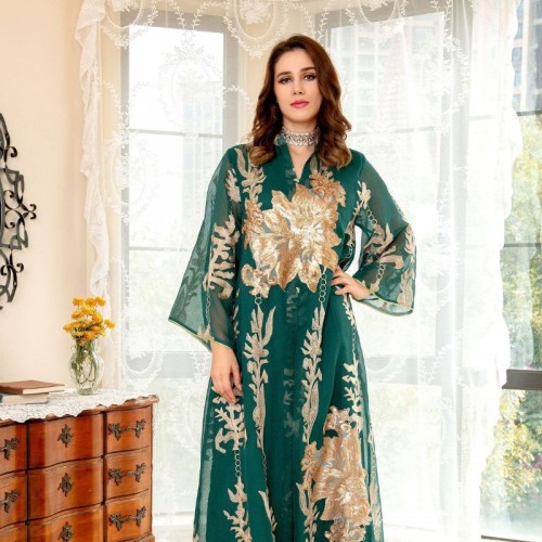 Casual V-neck Color contrast Embroidery Regular sleeve Maxi Dress - Green |image