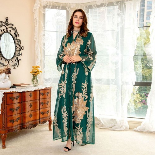 Casual V-neck Color contrast Embroidery Regular sleeve Maxi Dress - Green |image
