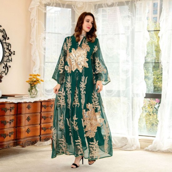 Casual V-neck Color contrast Embroidery Regular sleeve Maxi Dress - Green |image