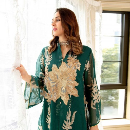 Casual V-neck Color contrast Embroidery Regular sleeve Maxi Dress - Green |image