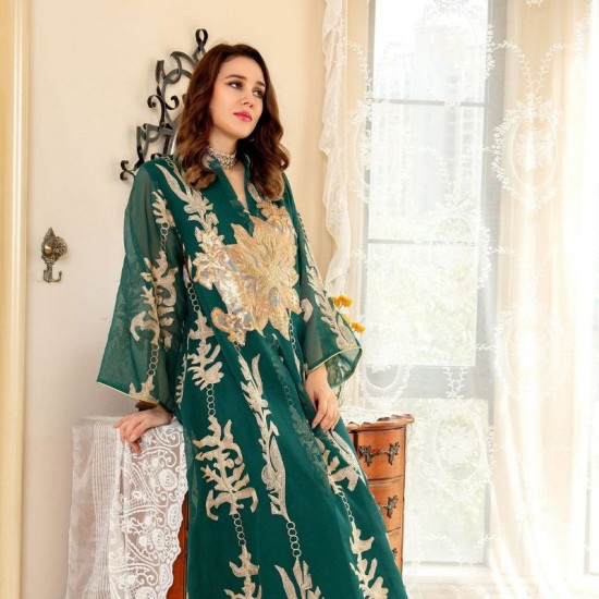 Casual V-neck Color contrast Embroidery Regular sleeve Maxi Dress - Green |image