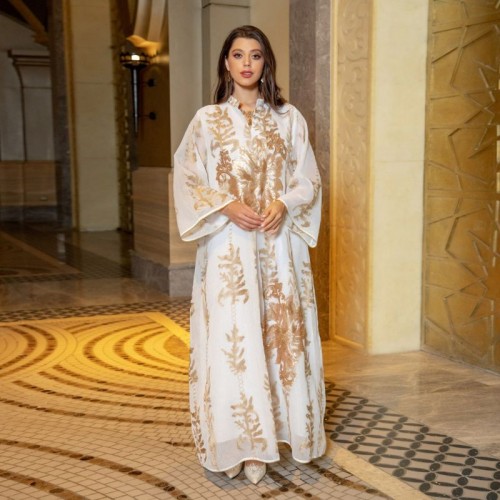 Casual V-neck Color contrast Embroidery Regular sleeve Maxi Dress - White |image