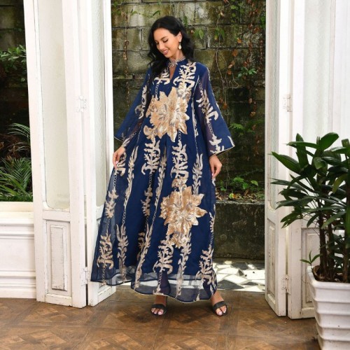 Casual V-neck Color contrast Embroidery Regular sleeve Maxi Dress - Navy Blue |image