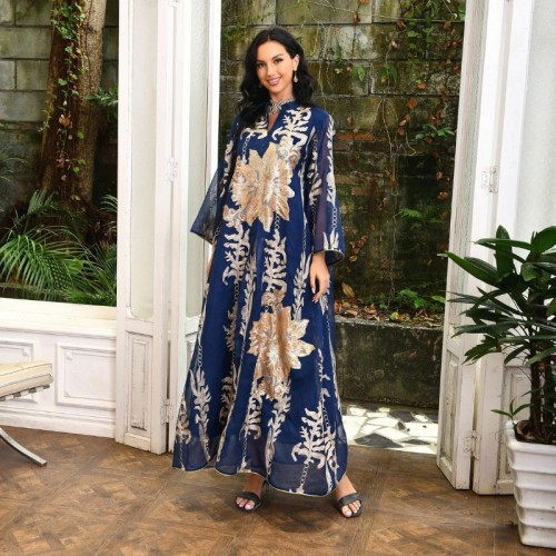 Casual V-neck Color contrast Embroidery Regular sleeve Maxi Dress - Navy Blue |image