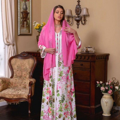 Sweet V-neck Printing Color contrast Buttons Embroidery Maxi Dress - White |image