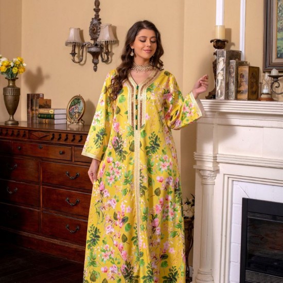 Sweet V-neck Printing Color contrast Buttons Embroidery Maxi Dress - Yellow |image