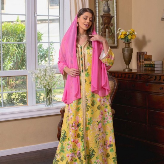 Sweet V-neck Printing Color contrast Buttons Embroidery Maxi Dress - Yellow |image