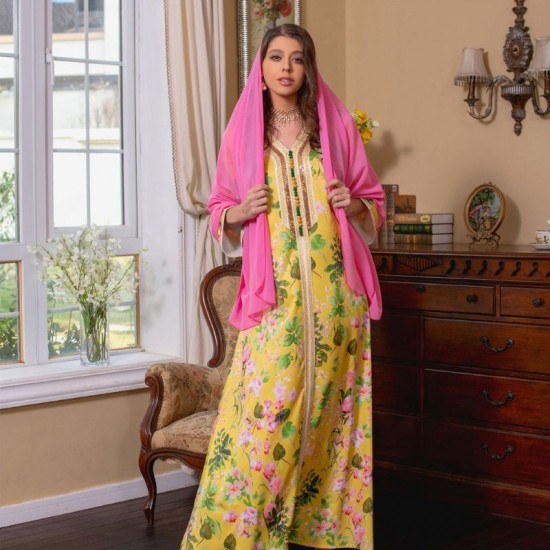 Sweet V-neck Printing Color contrast Buttons Embroidery Maxi Dress - Yellow |image