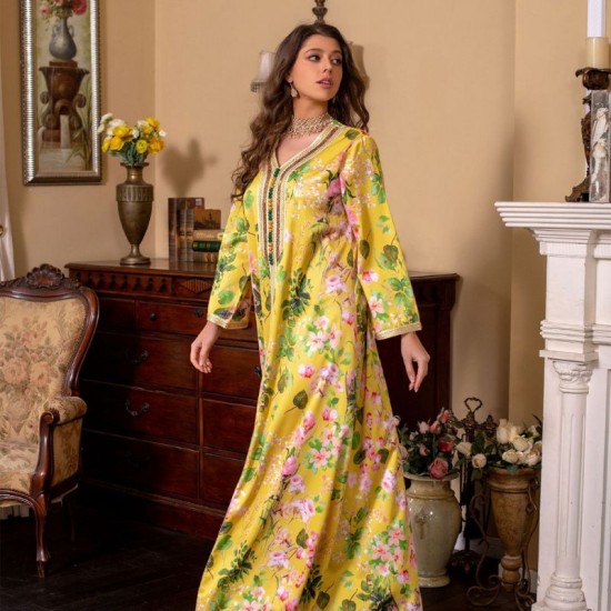 Sweet V-neck Printing Color contrast Buttons Embroidery Maxi Dress - Yellow |image
