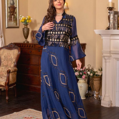 Sweet V-neck Color contrast Plant Geometry Tassel Flared - Navy Blue |image