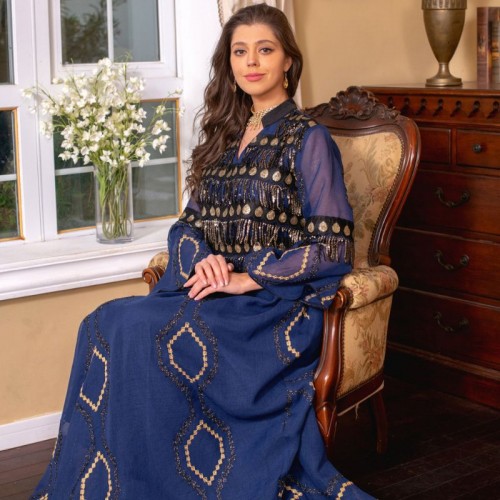 Sweet V-neck Color contrast Plant Geometry Tassel Flared - Navy Blue |image