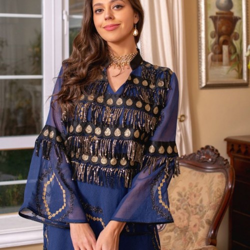 Sweet V-neck Color contrast Plant Geometry Tassel Flared - Navy Blue |image