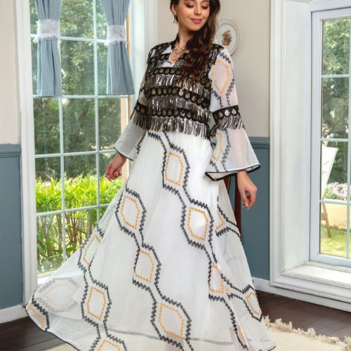 Sweet V-neck Color contrast Plant Geometry Tassel Flared - White |image