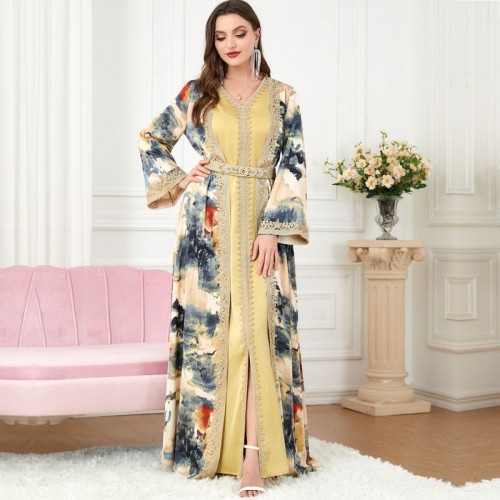 Sweet V-neck Color contrast Printing Buttons Belt Regular sleeve Maxi Dress - Yellow |image