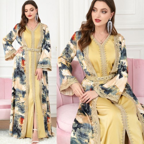 Sweet V-neck Color contrast Printing Buttons Belt Regular sleeve Maxi Dress - Yellow |image