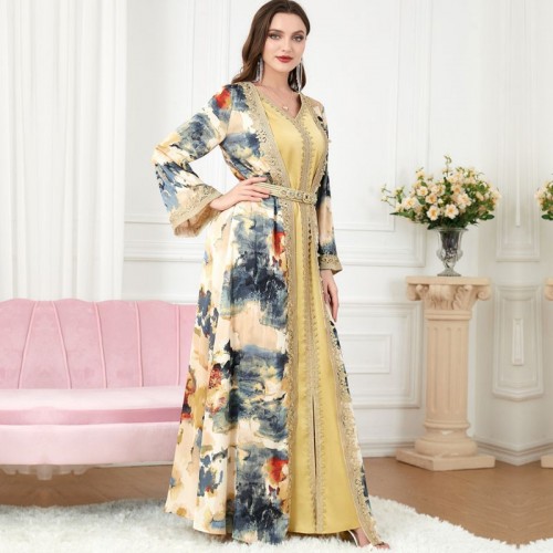 Sweet V-neck Color contrast Printing Buttons Belt Regular sleeve Maxi Dress - Yellow |image