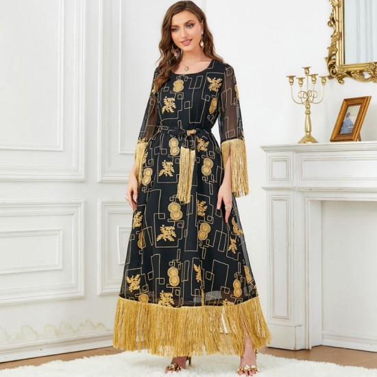 Elegant Arabic Tassel Long Maxi Dress - Black |image