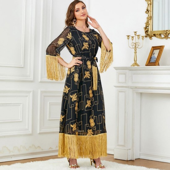 Elegant Arabic Tassel Long Maxi Dress - Black |image