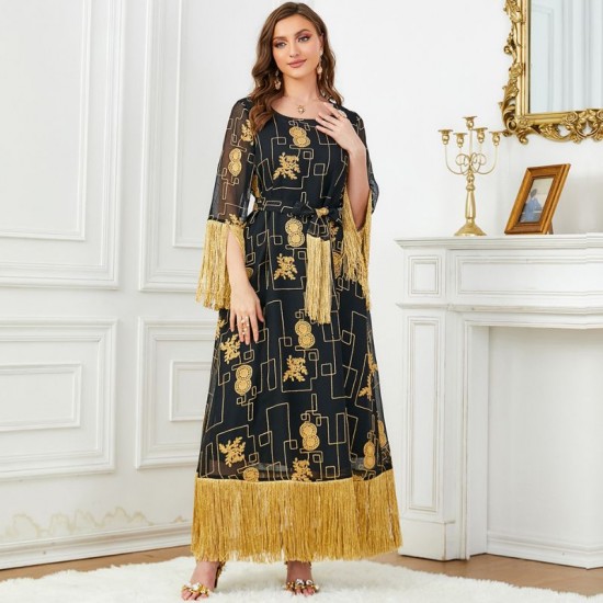 Elegant Arabic Tassel Long Maxi Dress - Black |image
