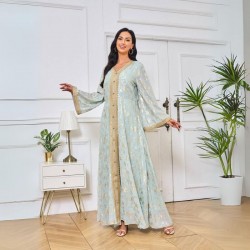 Cute V-neck Collar Contrast Color Print Belt Regular Sleeve Kaftan - Light Green