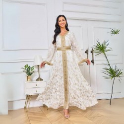 Cute V-neck Collar Contrast Color Print Belt Regular Sleeve Kaftan - White