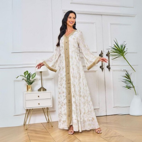 Cute V-neck Collar Contrast Color Print Belt Regular Sleeve Kaftan - White |image