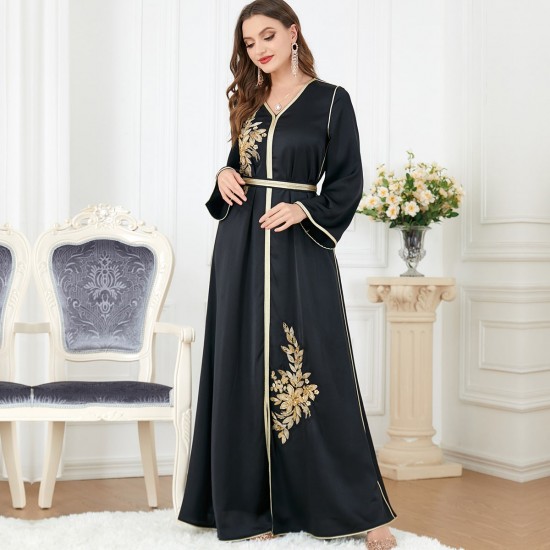 Floral Embroidery Lace Panel Elegant V-neck Long Dresses - Black |image