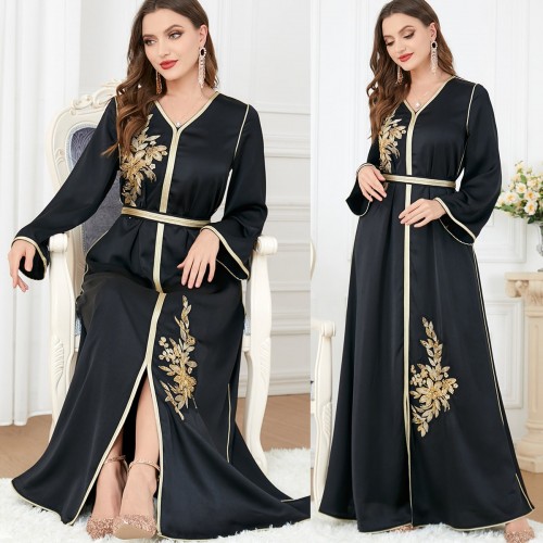 Floral Embroidery Lace Panel Elegant V-neck Long Dresses - Black |image