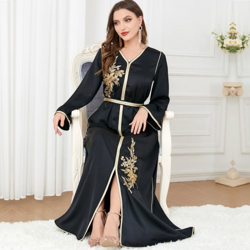 Floral Embroidery Lace Panel Elegant V-neck Long Dresses - Black |image