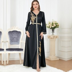 Floral Embroidery Lace Panel Elegant V-neck Long Dresses - Black 