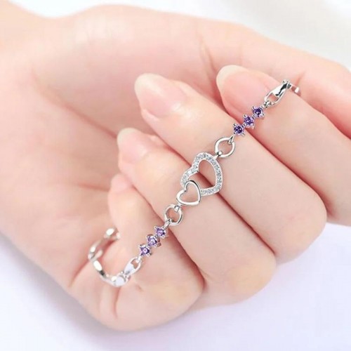 925 Sterling Silver Bracelet With Zircon Heart Charm - Blue |image