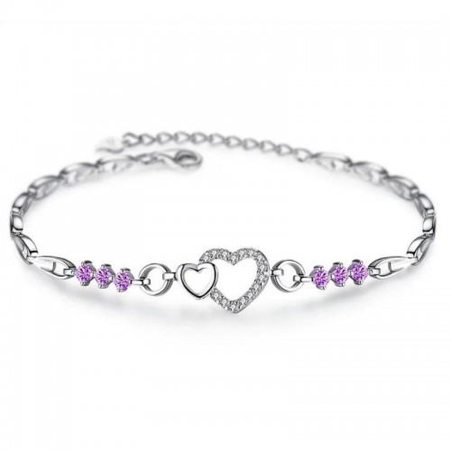 925 Sterling Silver Bracelet With Zircon Heart Charm - Blue |image