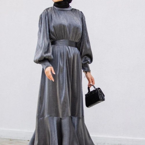 Muslim Women Style Solid Color Long Sleeve Dress - Black |image