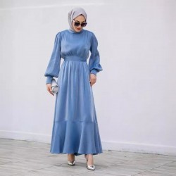 Muslim Women Style Solid Color Long Sleeve Dress - Blue