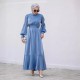 Muslim Women Style Solid Color Long Sleeve Dress - Blue
