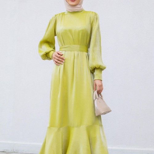 Muslim Women Style Solid Color Long Sleeve Dress - Green |image