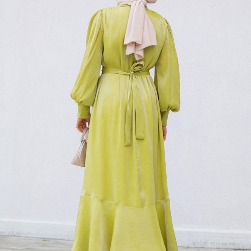 Muslim Women Style Solid Color Long Sleeve Dress - Green |image