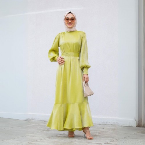 Muslim Women Style Solid Color Long Sleeve Dress - Green |image