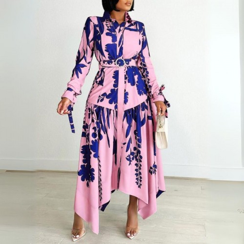 Women Printed Lapel Button Party Evening Maxi Dress - Pink |image