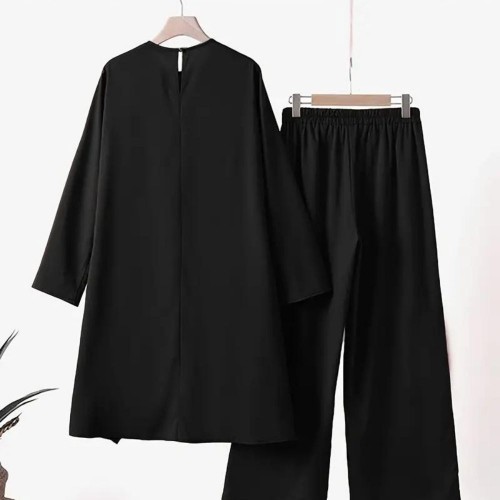 Muslim Women Two Piece Suit Long Sleeved O-Neck Casual Shirt - Black |image
