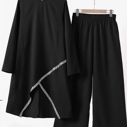 Muslim Women Two Piece Suit Long Sleeved O-Neck Casual Shirt - Black |image