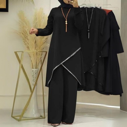 Muslim Women Two Piece Suit Long Sleeved O-Neck Casual Shirt - Black |image