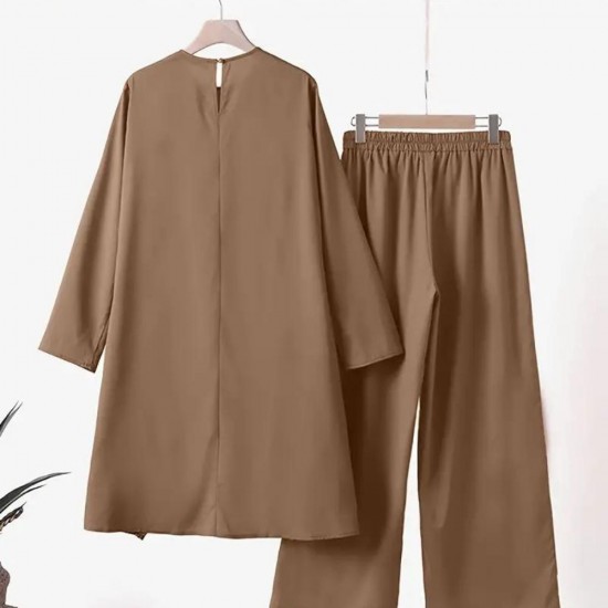 Modest Muslim two-piece suit with a long sleeve O-neck top and a casual shirt, ideal for everyday wear Muslim Women Two Piece Suit Long Sleeved O-Neck Casual Shirt - Brown |image